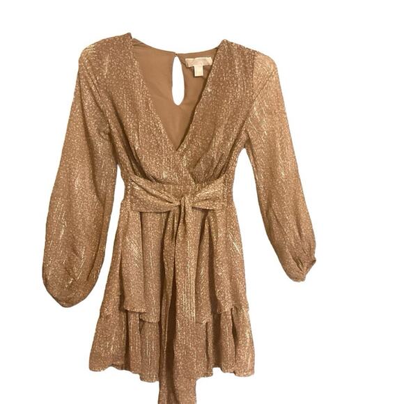 Michael Kors Metallic Gold Shimmer XXS Long Sleeve Mini Dress Party Ruffle Hem - Picture 12 of 16